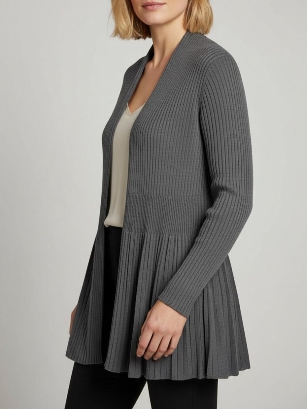 Eileen Fisher Gray Rib Knit Open Front Long Cardigan Sweater Medium Italian Yarn